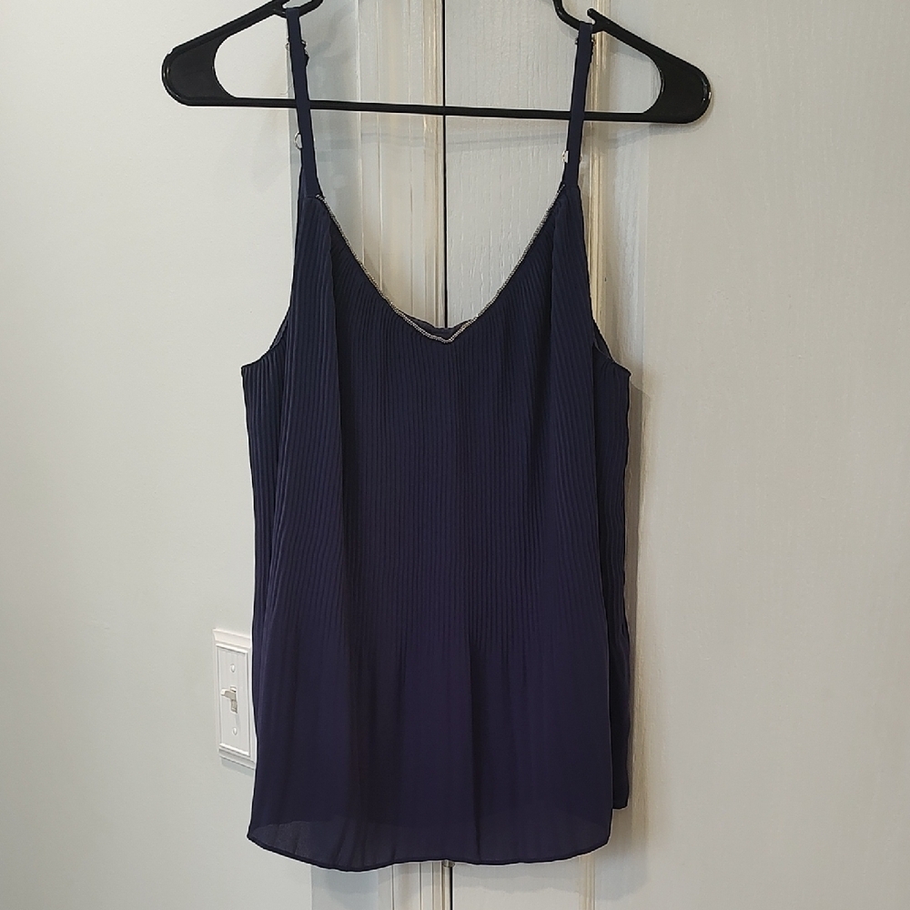 The Limited Navy Pleated Top with Gold Trim